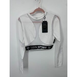Plein Sport Jogging Cropped Top Women 2XL White LS Multicut Thumbhole Sleeve NWT